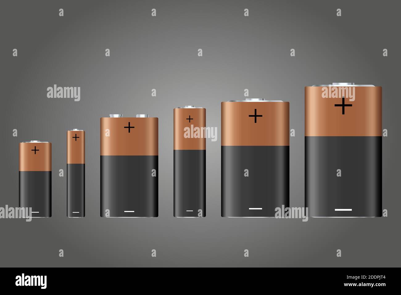 Vector Batterie, verschiedene Größe, isoliert auf grauem Hintergrund.  Batteriegrößen oder -Stile, verschiedene elektronische Industriegeräte,  Lithium-chemische elektrische Stock-Vektorgrafik - Alamy