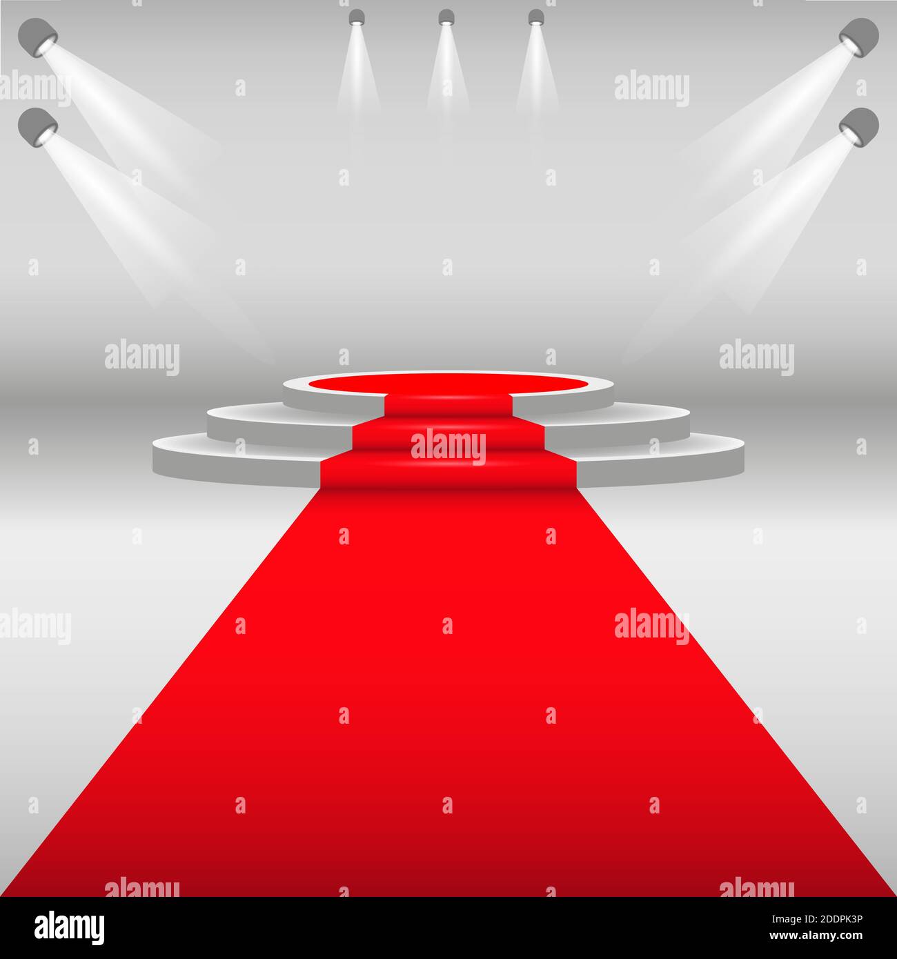 Roter Teppich und Podium. Weißer runder Sockel mit roter Spur. Bühnenpodium mit Beleuchtung, Szenario der Preisverleihung. Vektorgrafik Stock Vektor