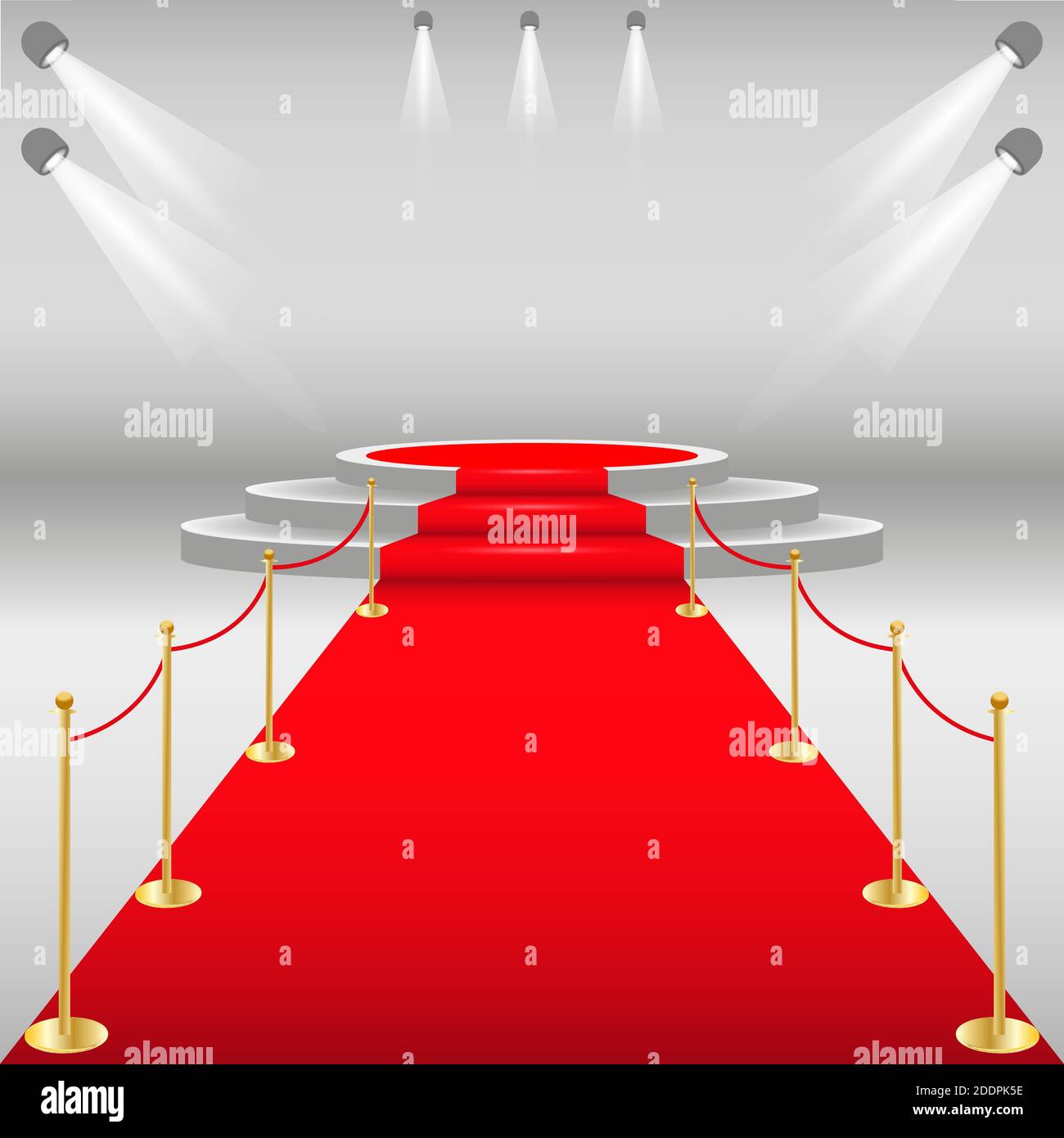 Roter Teppich und Laufsteg mit Seilbarriere. Weißer runder Sockel mit roter Spur. Bühnenpodium mit Beleuchtung, Szenario der Preisverleihung. Vektor-Abb. Stock Vektor