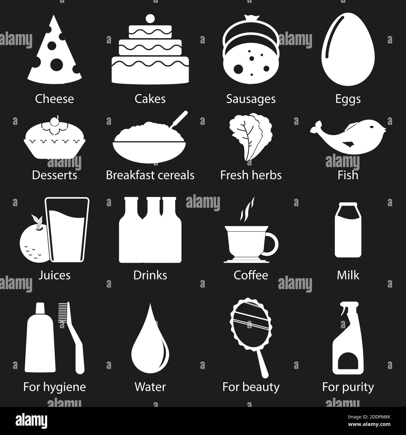 Symbole für Einkaufsabteilung eingestellt. 16 Stück. Streifenstil. Weiße Farbe. Isoliert auf schwarzem Hintergrund. Vektorgrafik Stock Vektor