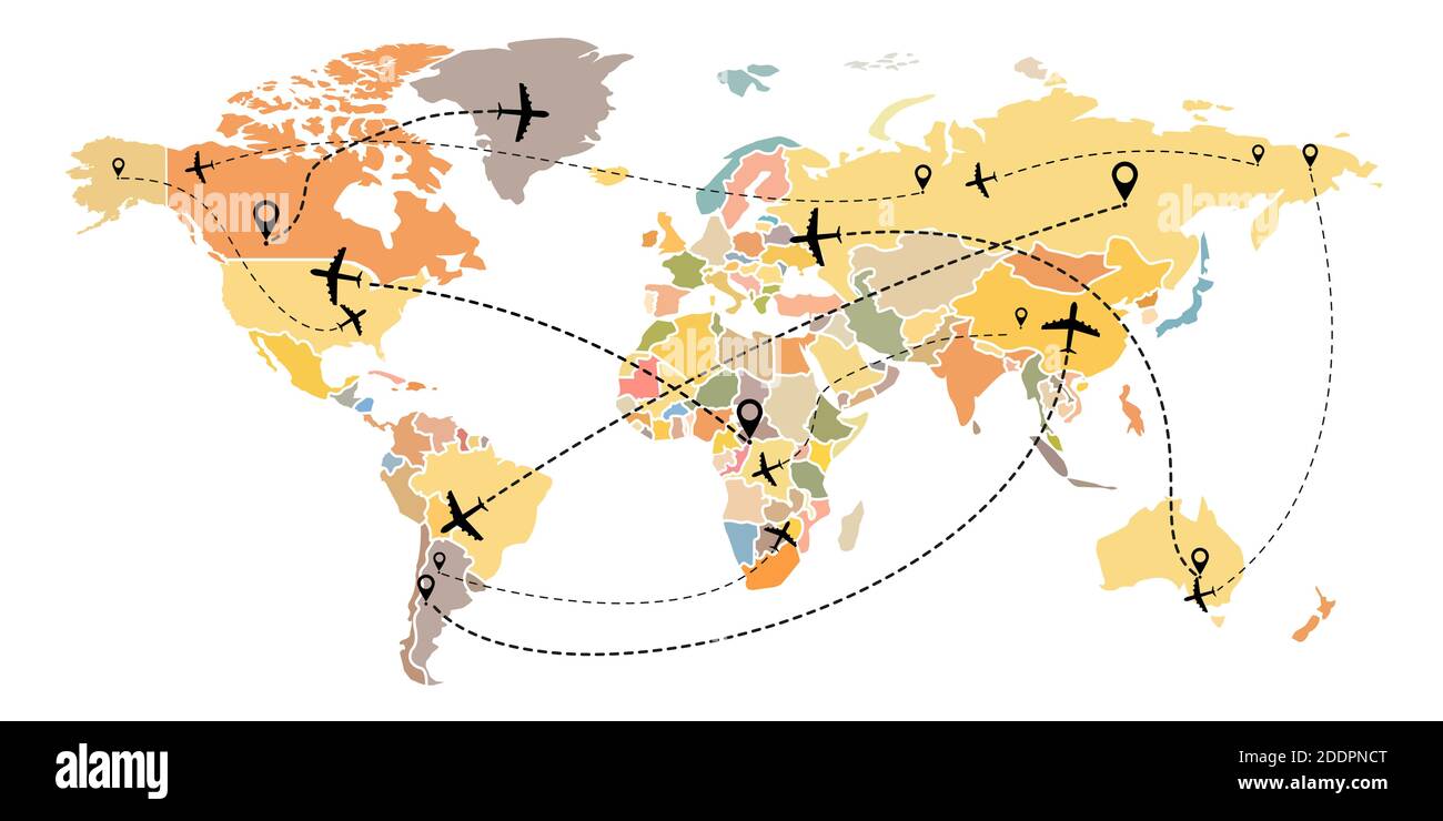Flugstrecke auf Weltkarte. Linearer Flug des Flugzeugs mit den Startpunkten und Spuren der Strichlinie. Flacher Style. Isoliert auf einem Whit Stock Vektor