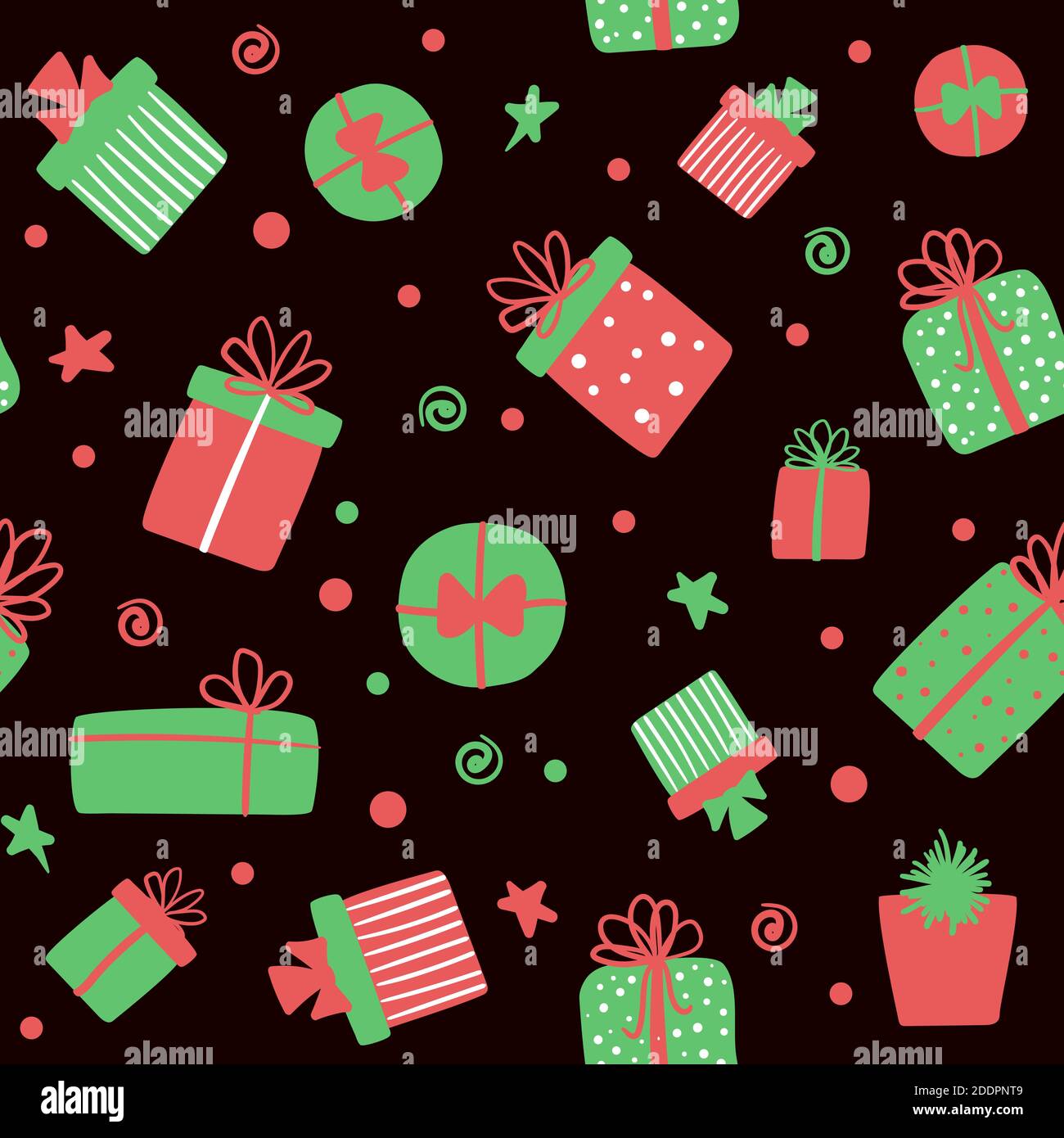 Weihnachtliche Nahtloses Muster mit Geschenkschachteln. Vector niedlichen festlichen dunklen Hintergrund mit Hand gezeichnet Geschenke Stock Vektor