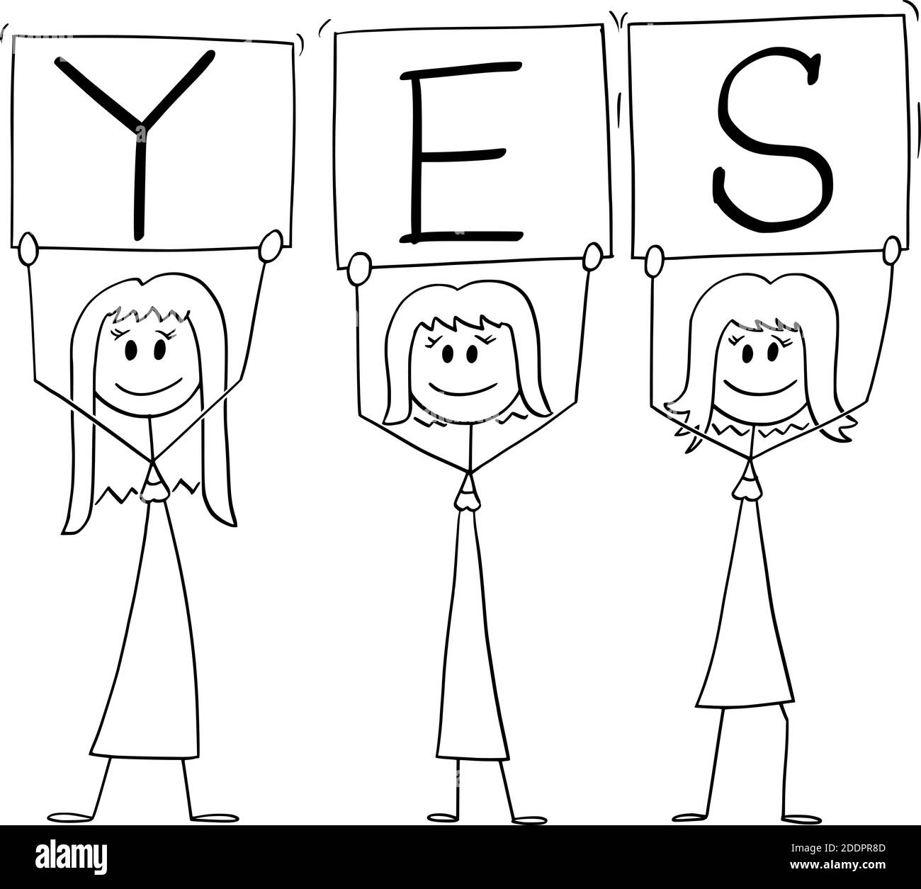 Vektor Cartoon Stick Figur Illustration von drei lächelnden positiven Frauen auf Demonstration hält ja Zeichen. Stock Vektor