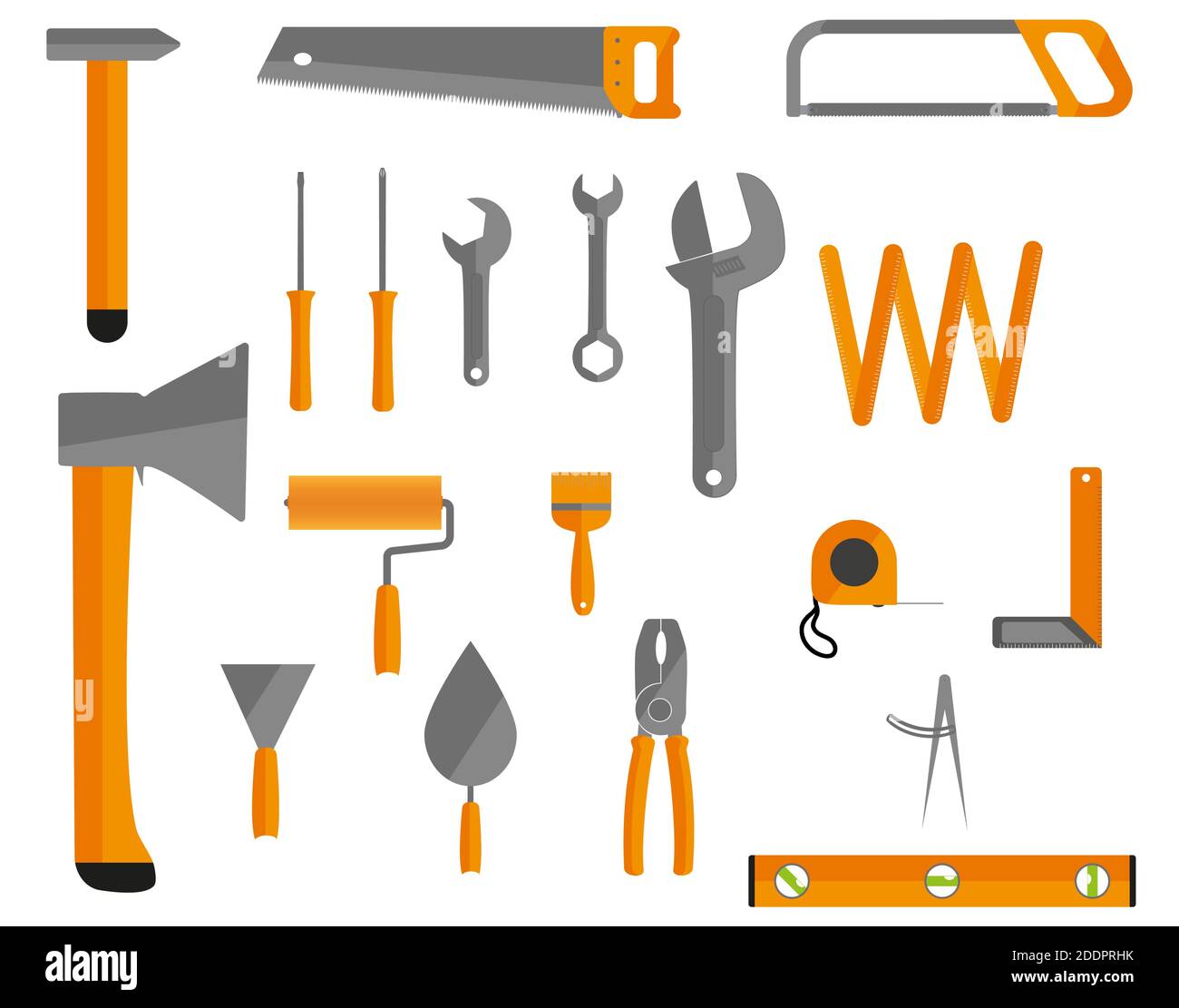Satz Handwerkzeuge Mechanik Schraubendreher, Hammer, Axt, Schlüssel, Ebene, Spachtel, Zange, Säge, Rolle, Bürstenband Maß isoliert auf weißem HintergrundVecto Stock Vektor
