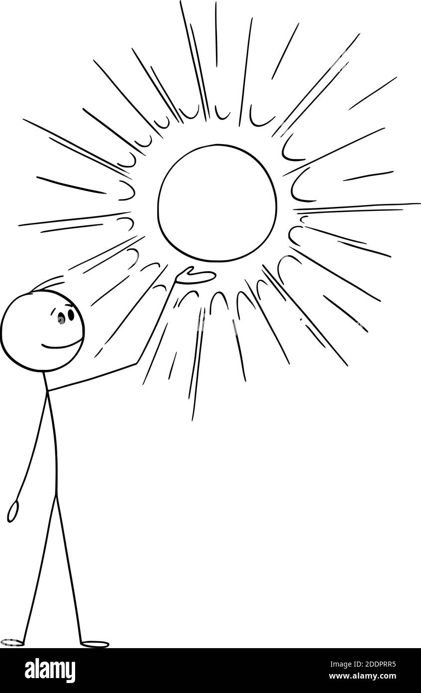 Vektor Cartoon Stick Figur Illustration des Mannes hält und zeigt glühenden oder leuchtenden Kreis, Ball oder Sonne. Sie können Produktbilder oder -Symbole hinzufügen. Stock Vektor