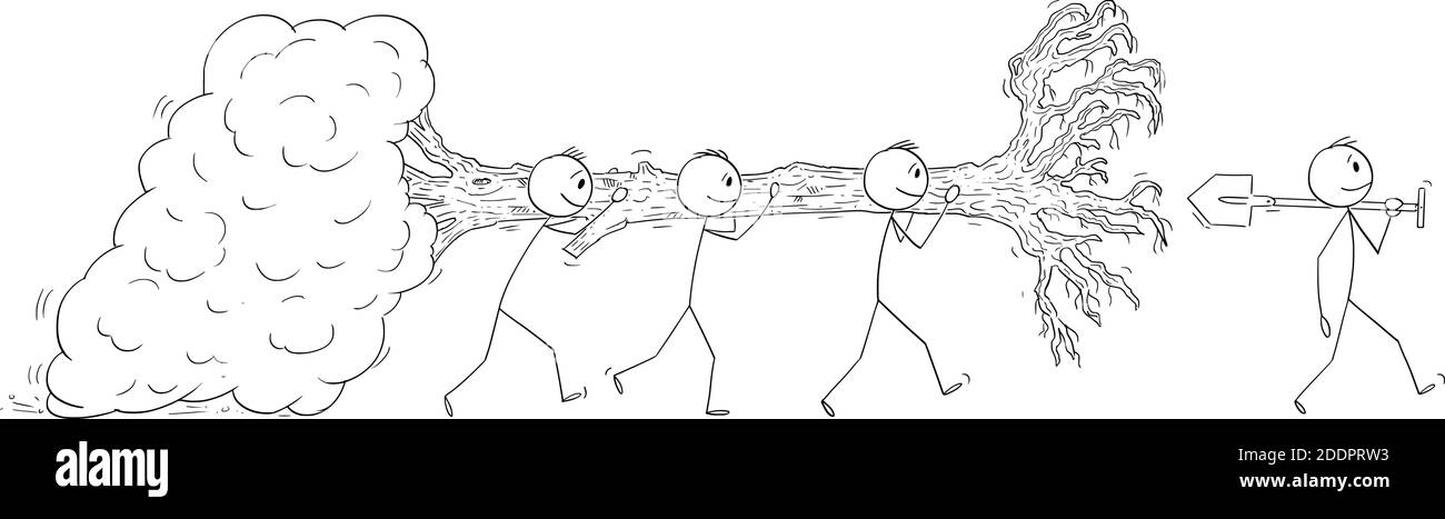 Vektor Cartoon Stick Figur Illustration der Gruppe von Männern tragen und bewegen ausgewachsenen Baum zu Pflanzen oder umpflanzen it.Concept der Natur, Ökologie, Ökosystem oder Klimawandel. Stock Vektor
