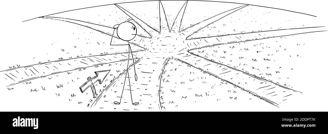 Vector Cartoon Stick Figur Illustration von Mann oder Geschäftsmann auf der Kreuzung stehen und die Wahl Weg zum Erfolg, die Entscheidung, wohin zu gehen. Stock Vektor