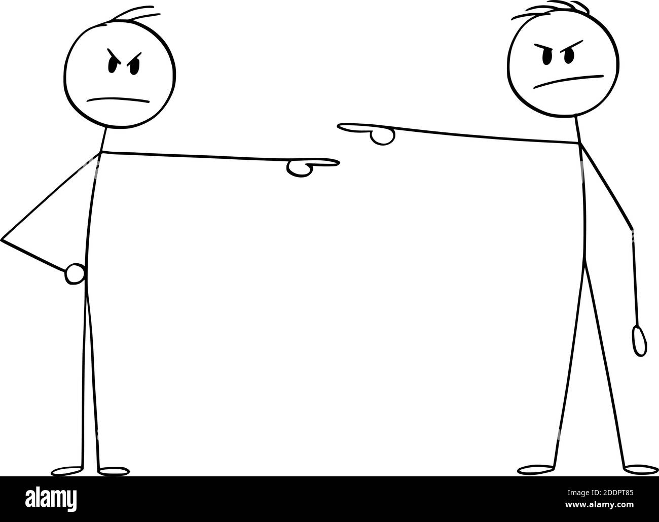Vektor Cartoon Stick Figur Illustration von zwei Männern oder Geschäftsleuten, jeder zeigt und beschuldigt einander. Konzept der Verantwortung. Stock Vektor