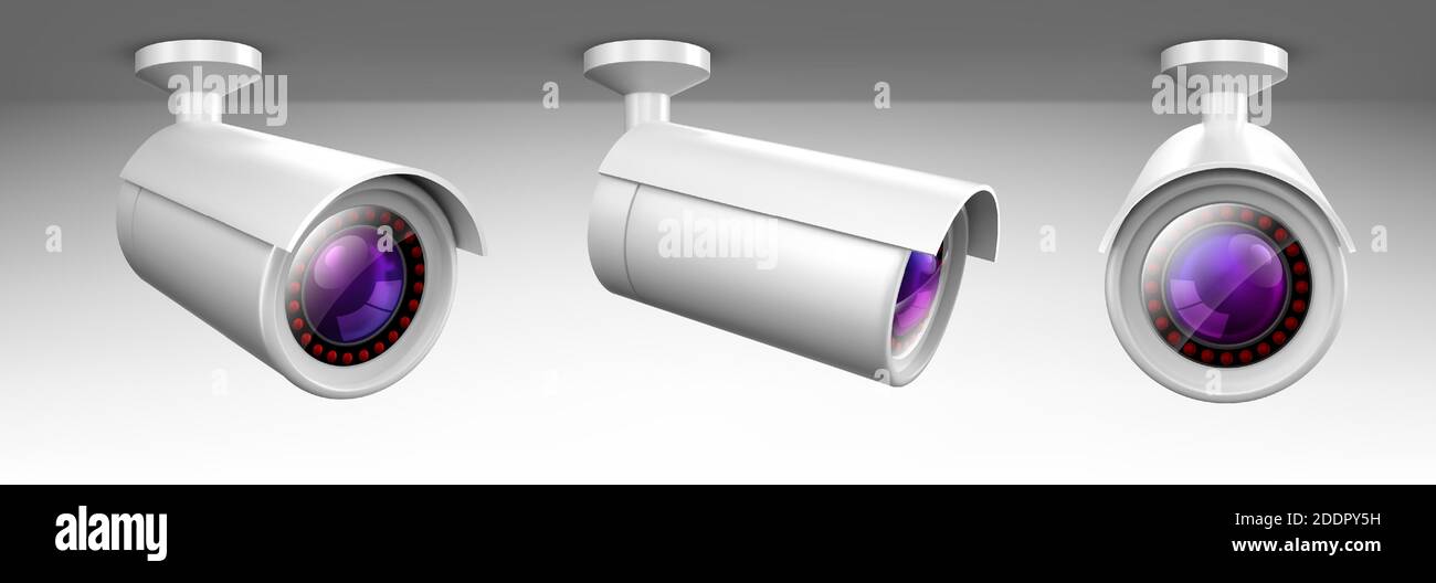 Sicherheitskamera, cctv-Videokamera, Straße beobachten Überwachungsgeräte Vorder-und Seitenwinkel Ansicht. Sichere Auge und Verbrechensverhütung isoliert auf weißem Hintergrund. Realistische 3d-Vektordarstellung Stock Vektor
