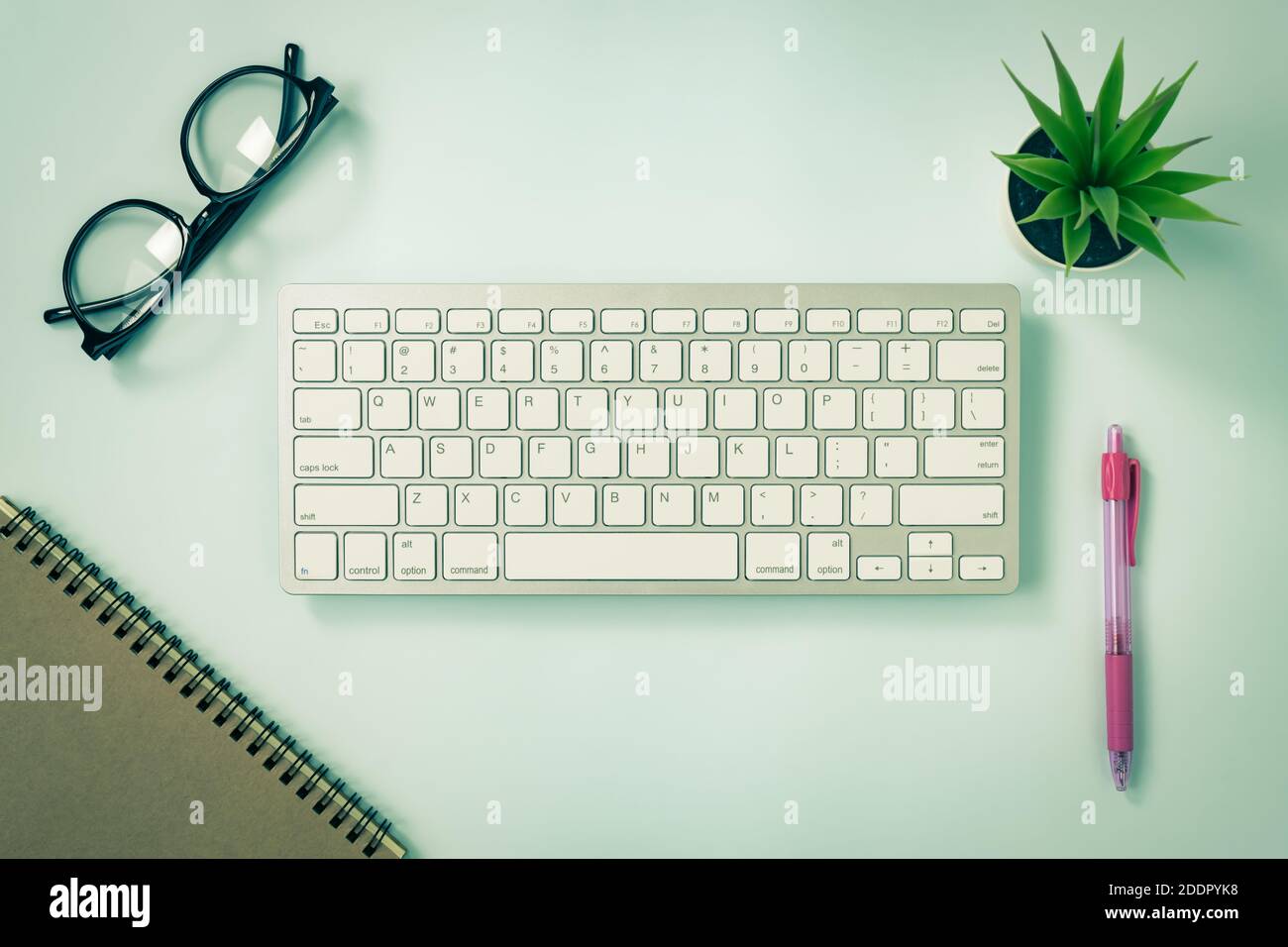Weiße tragbare Computer-Tastaturtasten oder Tastaturtaste und Spirale Notizbuch und Pink Pen und Office Pflanze und Brille auf Blau Pastell Minimalistischen Rücken Stockfoto