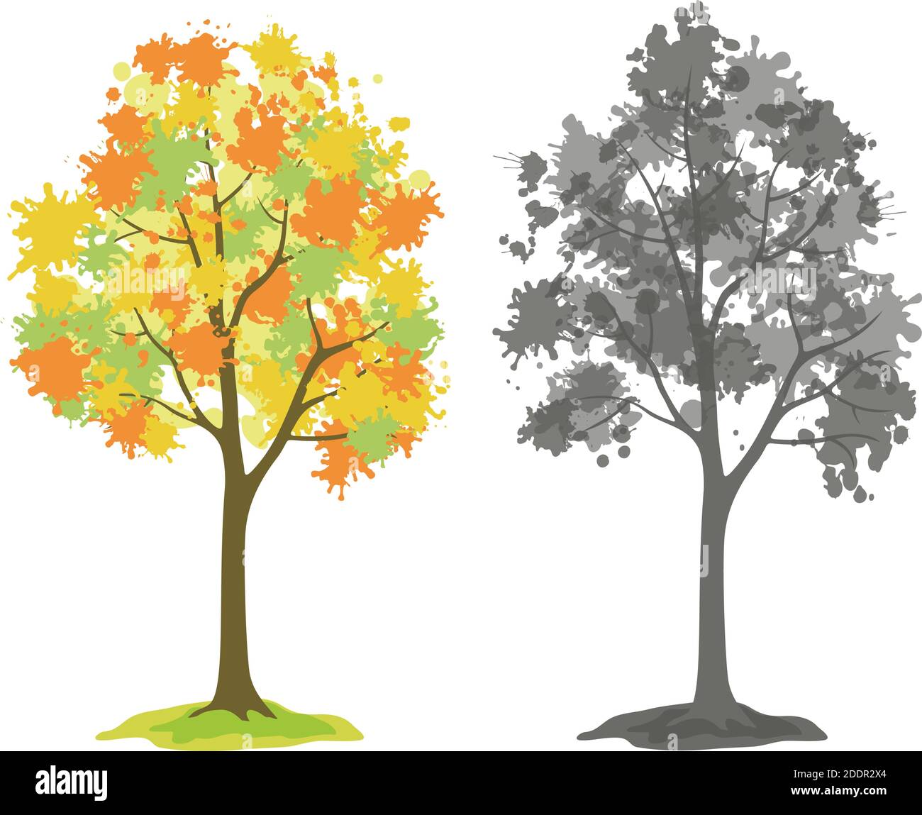 Symbolische Bäume mit Kronen der Blots, bunten Herbst und Schwarz und Grau Silhouette isoliert auf weißem Hintergrund. Vektor Stock Vektor