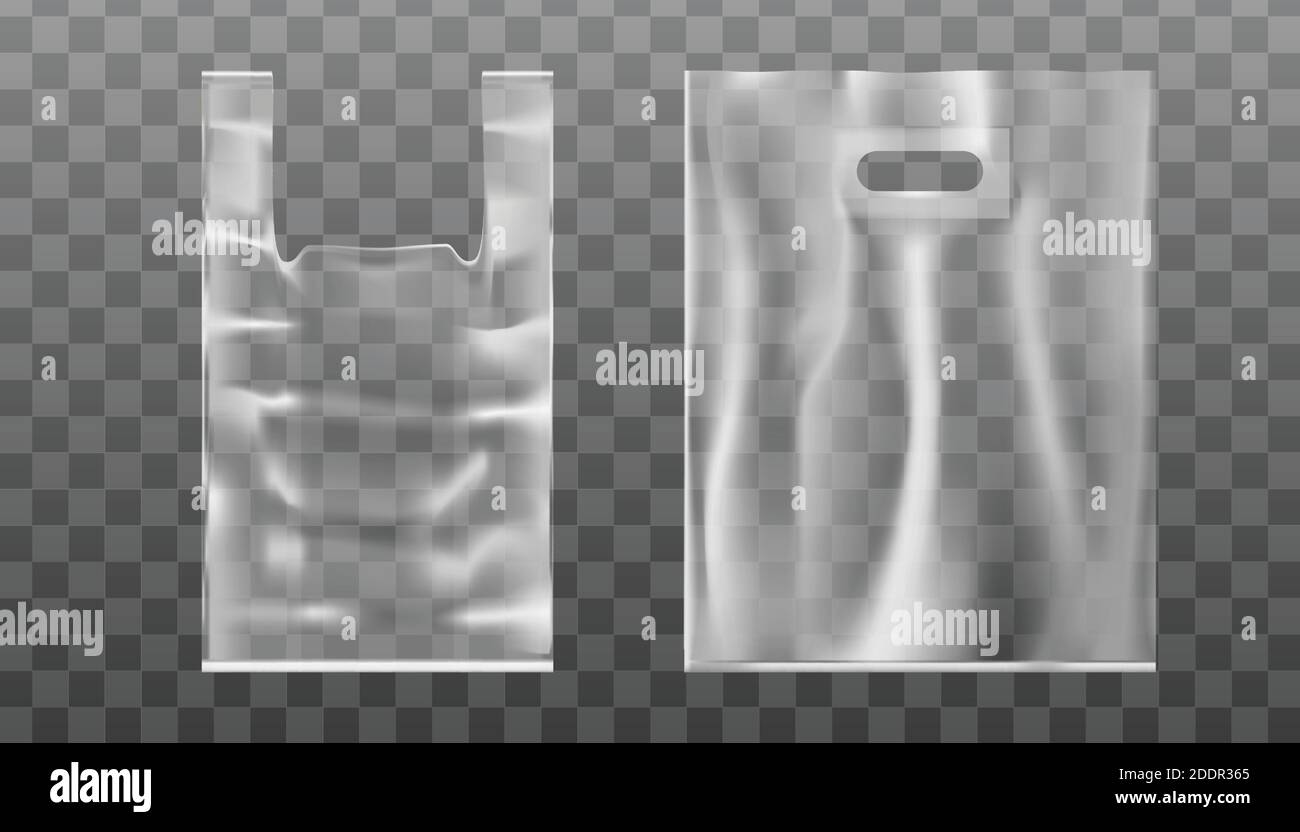 3d realistische Vektor Handtasche mit Handloch oder Griff aus Kunststoff oder Folie. Transparenter Hintergrund. Stock Vektor