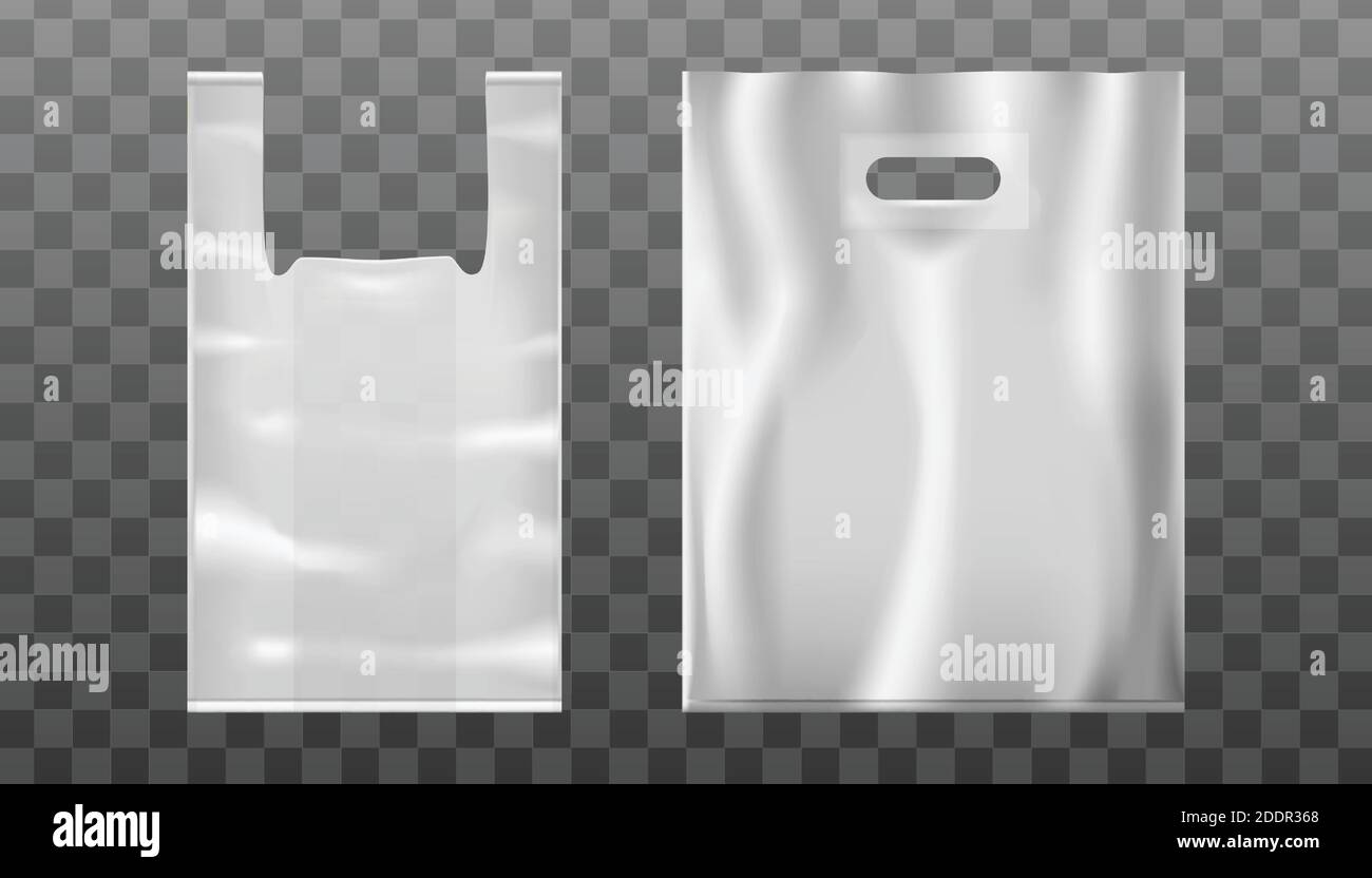 3d realistische Vektor Handtasche mit Handloch oder Griff aus Kunststoff oder Folie. Transparenter Hintergrund. Stock Vektor