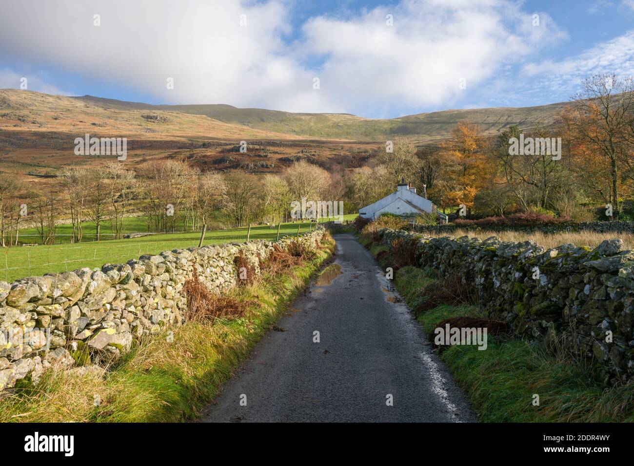Walna Scar Road im Duddon Valley, die in der Ferne zum Walna Scar im Lake District National Park, Cumbria, England führt. Stockfoto