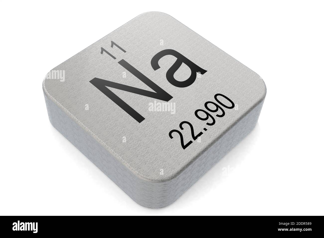 Natrium-Element-Symbol auf Metallblock, 3D-Rendering Stockfoto