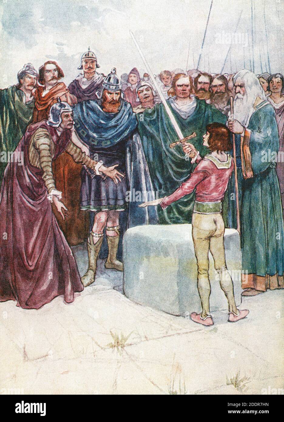 Der junge Arthur zieht das Schwert Excalibur aus dem Stein. Nach einer Illustration des Künstlers Archibald Stevenson Forrest aus dem 19. Jahrhundert. Stockfoto
