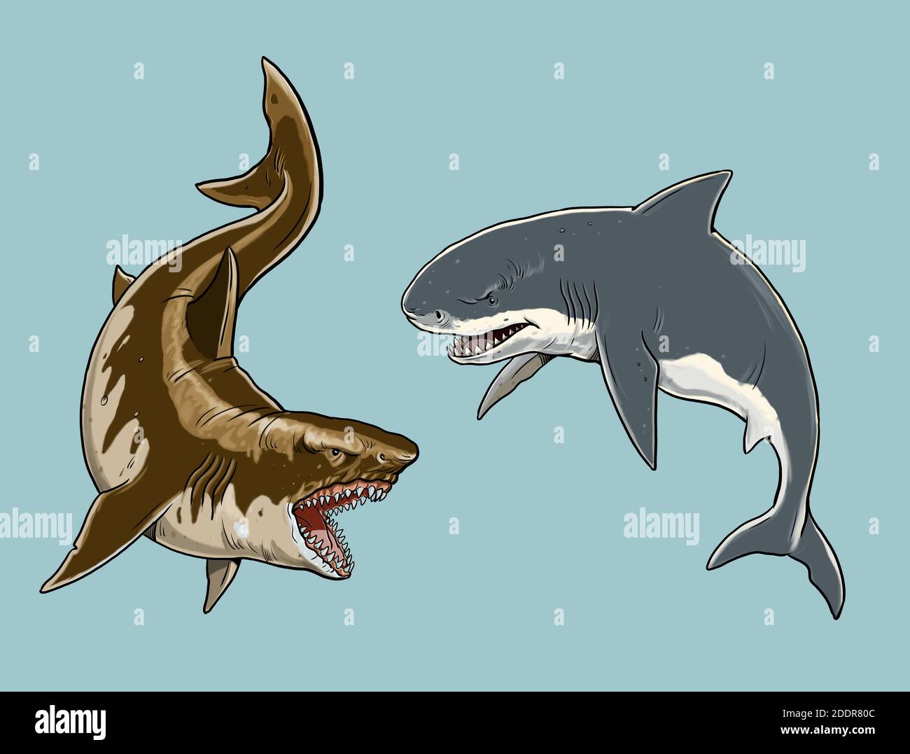 Riesentiger und weiße Haie. Zeichnung großer Haie. Monster Megalodon Illustration. Stockfoto