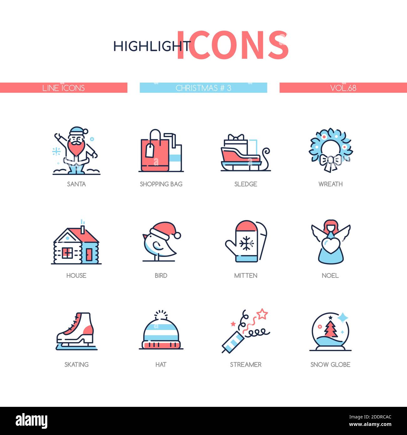 Weihnachten Symbole - Linie Design Stil Symbole gesetzt. Neujahr Urlaub Traditionen und Dekorationen Idee. Weihnachtsmann, Einkaufstaschen, Schlitten, Kranz, Haus, Vogel, Stock Vektor