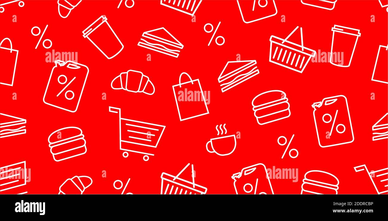 Shopping nahtlose Muster mit Lebensmitteln und Getränken und Warenkorb Umriss Symbole auf rotem Hintergrund, Verpackung Design Stock Vektor