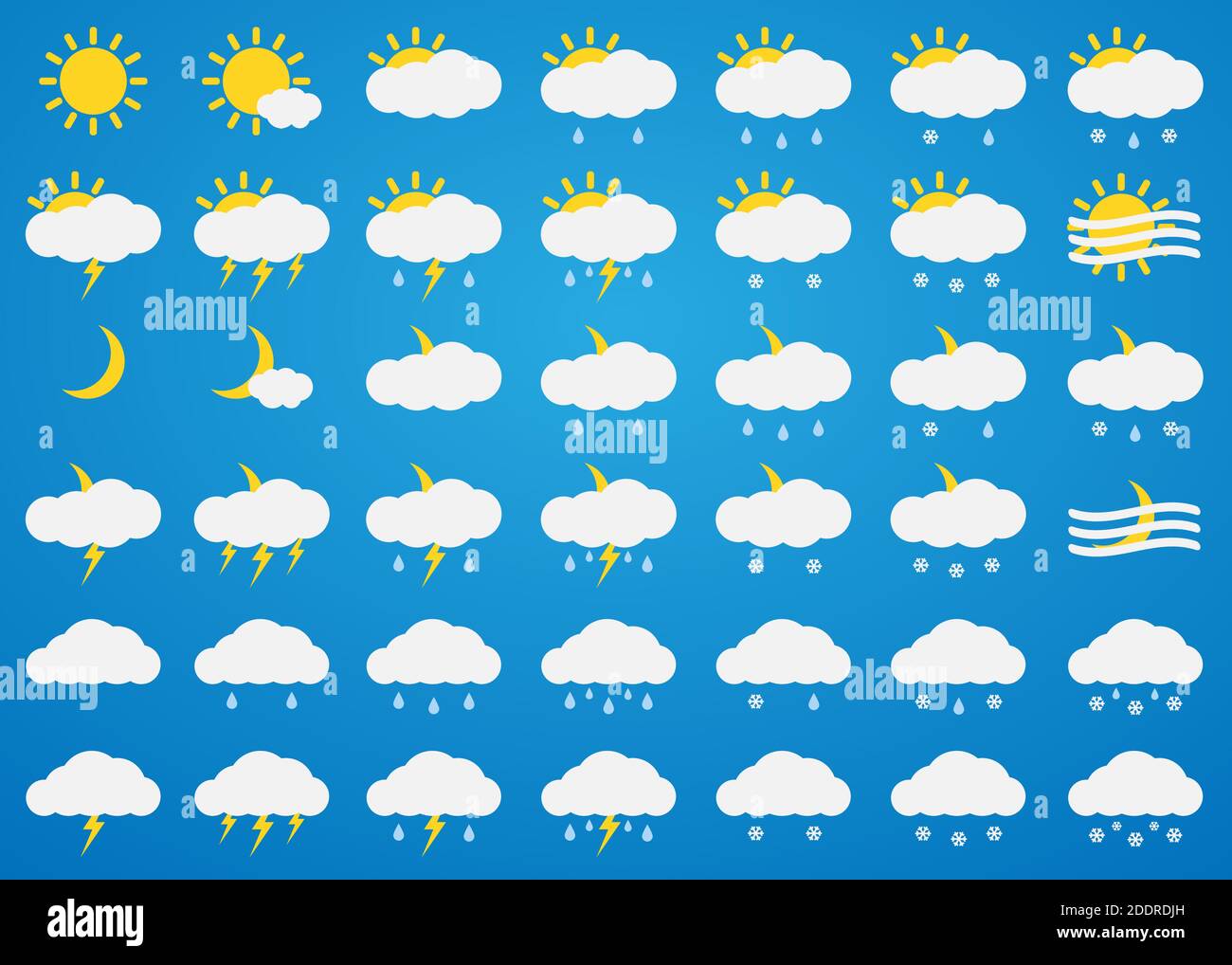 Vektor-Wettersymbole auf blauem Hintergrund. Sonne, Wolken, Regen, Schnee, Nebel, Donner, Regen und Schneefall Symbole isoliert. Tages- und Nachtwettersymbole. Stock Vektor