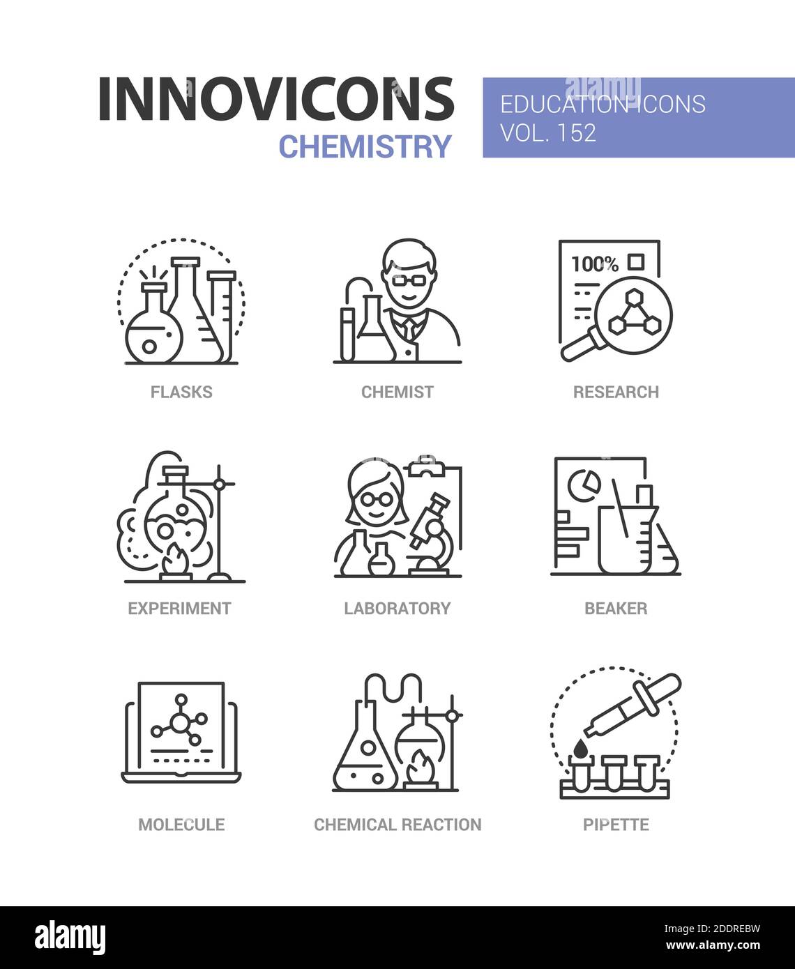 Chemie - modernes Liniendesign Stil Symbole gesetzt. Bildung und Wissenschaft Idee. Kolben, Chemiker, Forschung, wissenschaftliches Experiment, Labor, Becher, Maulwurf Stock Vektor