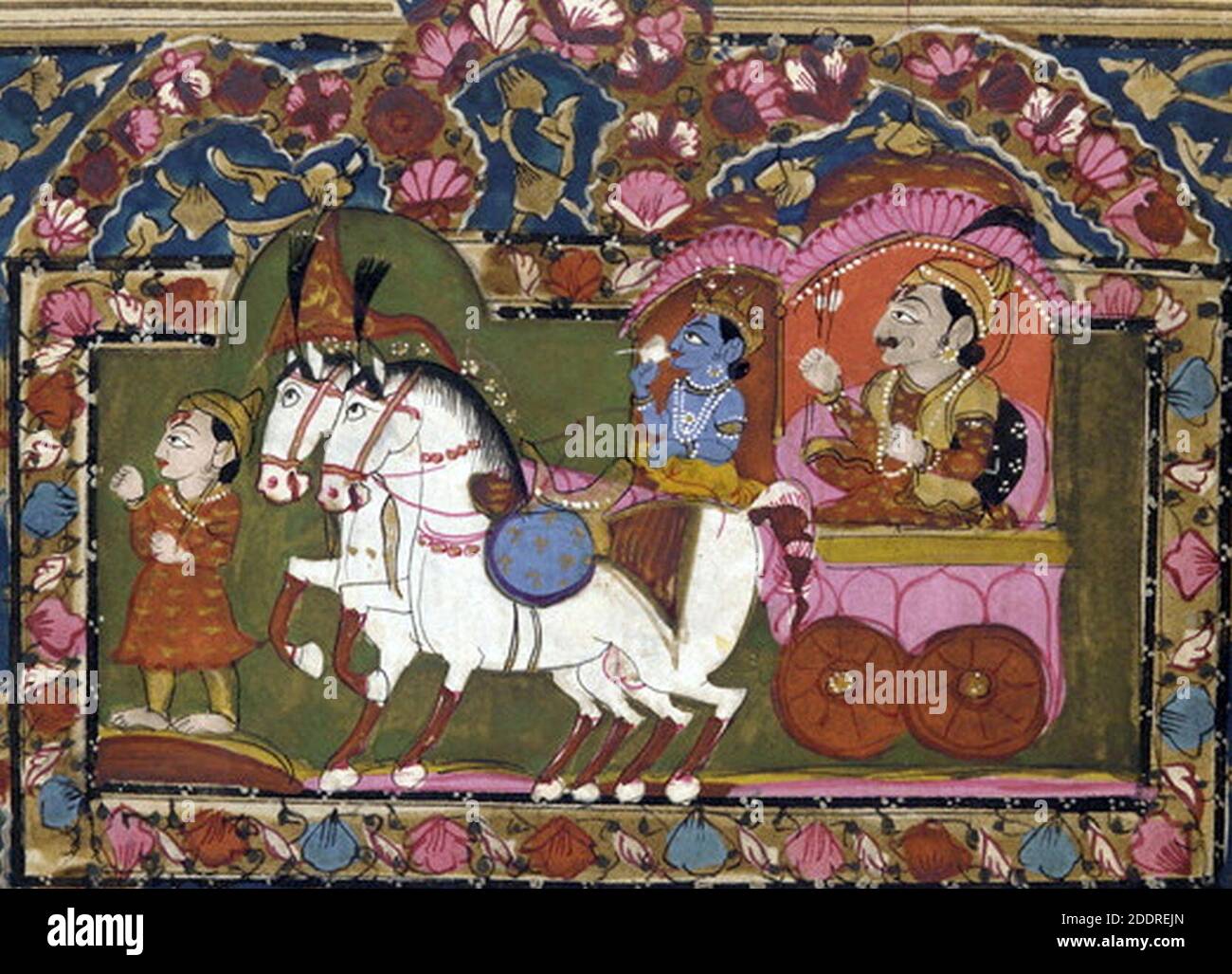 Krishna und Arjun auf dem Wagen Mahabharata 18.-19. Jahrhundert Indien. Stockfoto