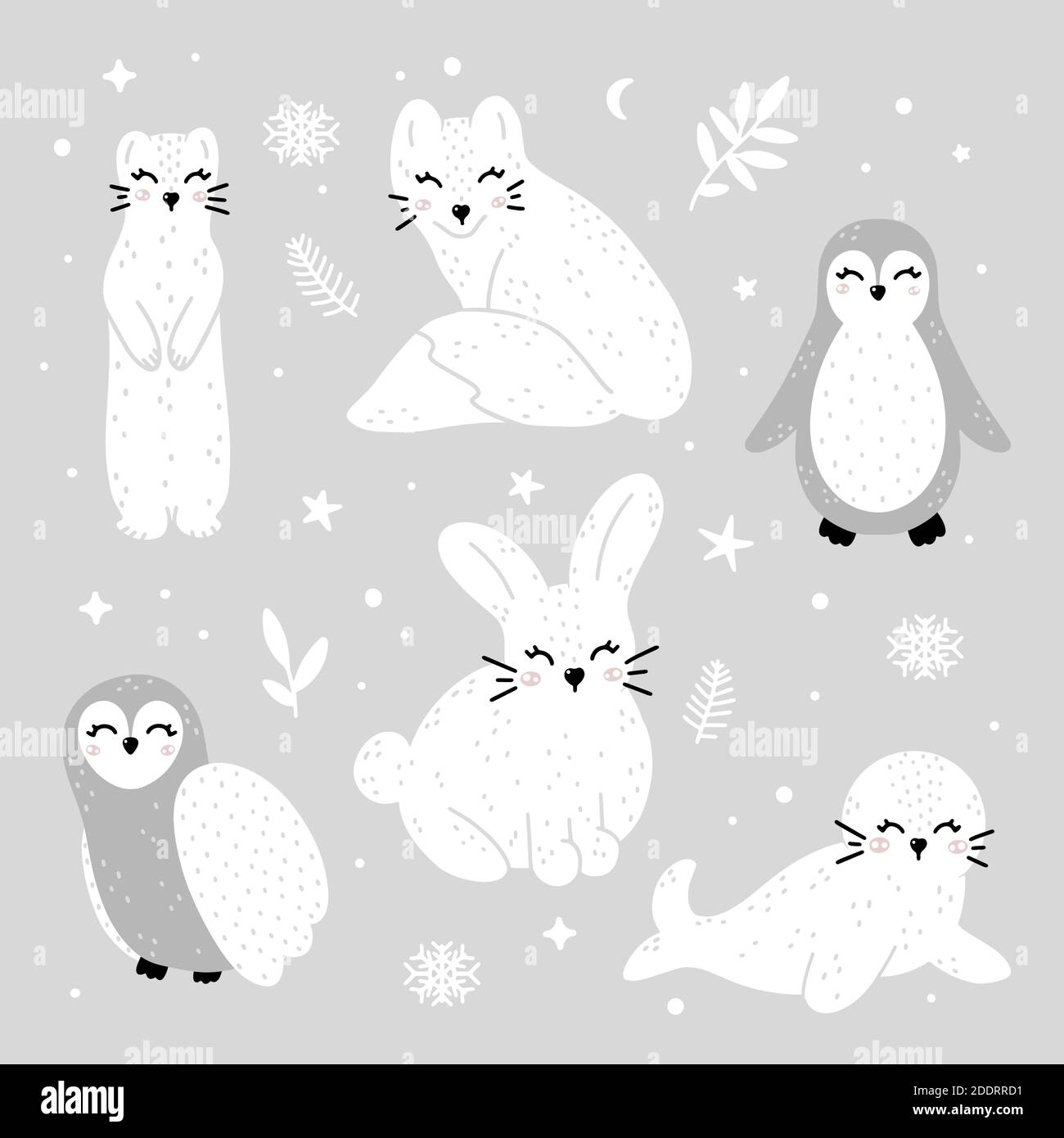 Niedliche Sammlung von Wintertieren: Ermin, Fuchs, Pinguin, Eule, Kaninchen und Robbe mit abstrakten Punkten, Sternen und Winter-Elemente. Monochromer handgezeichneter SCA Stock Vektor