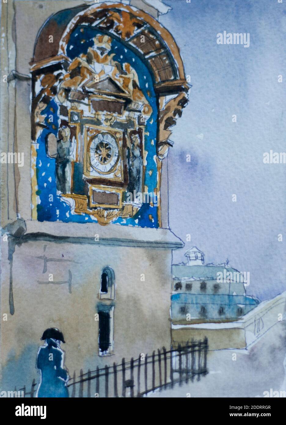 Aquarell-Postkarren-Illustration mit mittelalterlicher Uhr auf dem Gefängnisgebäude der Conciergerie Mit einem Mann in historischer Kleidung Stockfoto