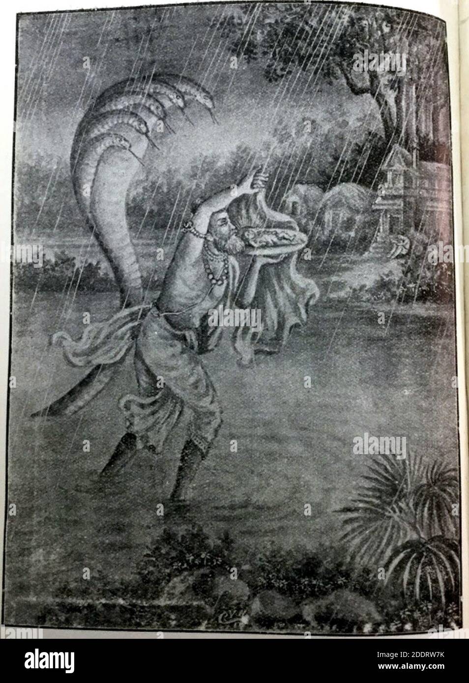 Krishna‥99s Geburt- sein Vater Vasudeva kringt den verschüttelten Fluss Yamuna in der Nacht. River teilt sich in zwei und gibt ihm Platz in der Mitte. Stockfoto