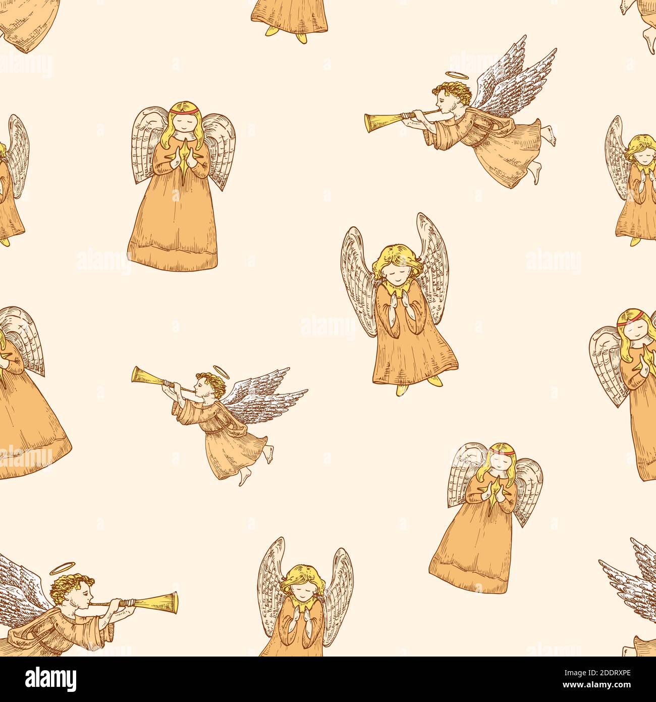 Hand Gezeichnet Weihnachten Vektor Nahtloses Hintergrundmuster. Angels Skizzen Karte oder Cover-Vorlage. Tapete Mit Weihnachtsdekoration Stock Vektor