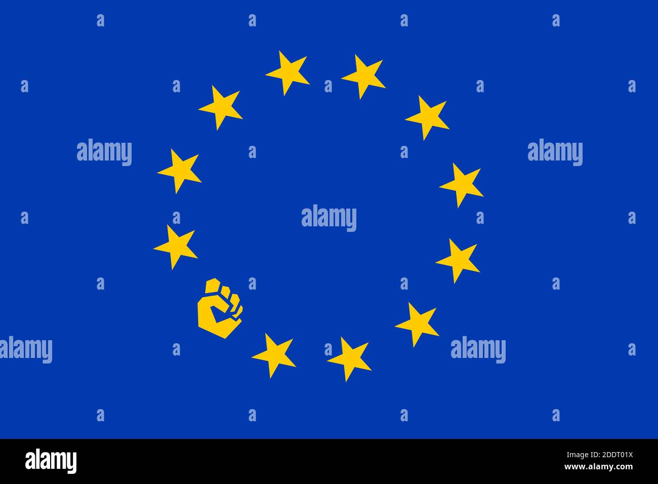 Flagge der EU mit erhobener Faust. Euroskeptisches Mitglied der Europäischen Union als Quelle von Rebellion, Revolte, Opposition, Trotz und Widerstand gegen die Politik Stockfoto