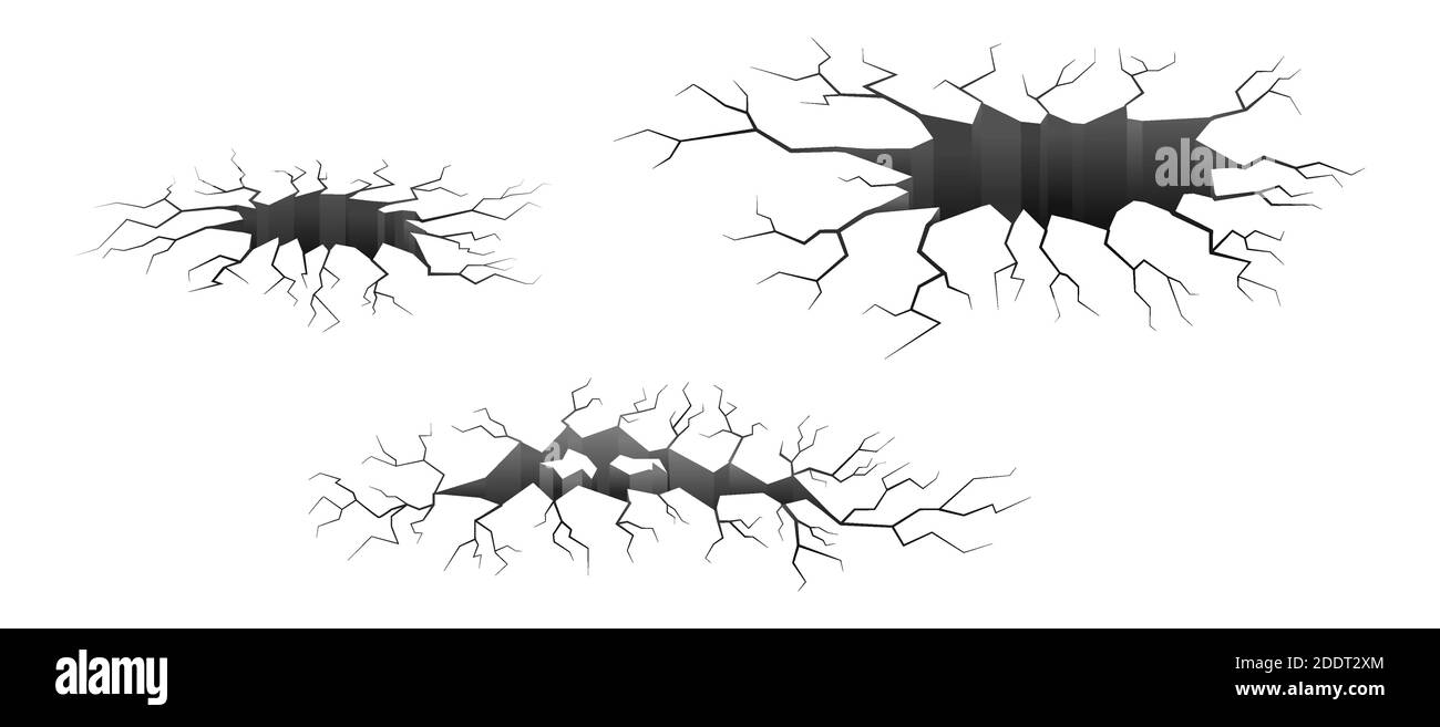 Satz von Boden oder Wände Riss-Effekt, Erde Risse. Monochrome isolierte Vektordarstellung.Schwarzes Loch im Boden. Erdbeben, Zerstörungskonzept. Stock Vektor
