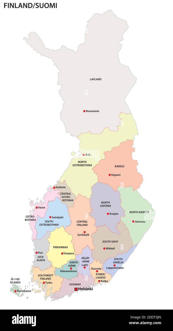 Administrative und politische Vektorkarte der 19 Regionen von Finnland Stock Vektor
