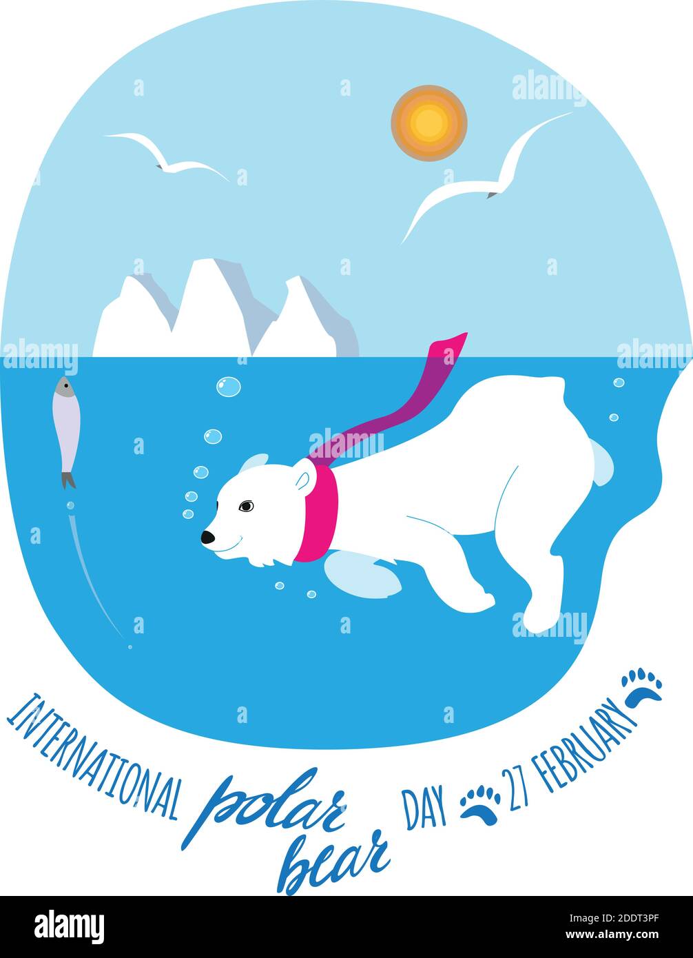 Vektordarstellung eines weißen Eisbären im Wasser mit Fischen, Eisbergen und Möwen. Winter-Illustration Stock Vektor