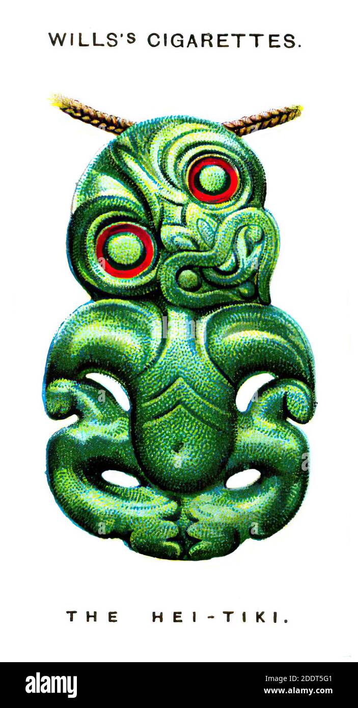 Antike Zigarettenkarten. Wills Zigaretten (Lucky Charms). Das alte Maori's Hei-Tiki Amulett. 1923 der Hei-Tiki ist ein Zieranhänger des M Stockfoto