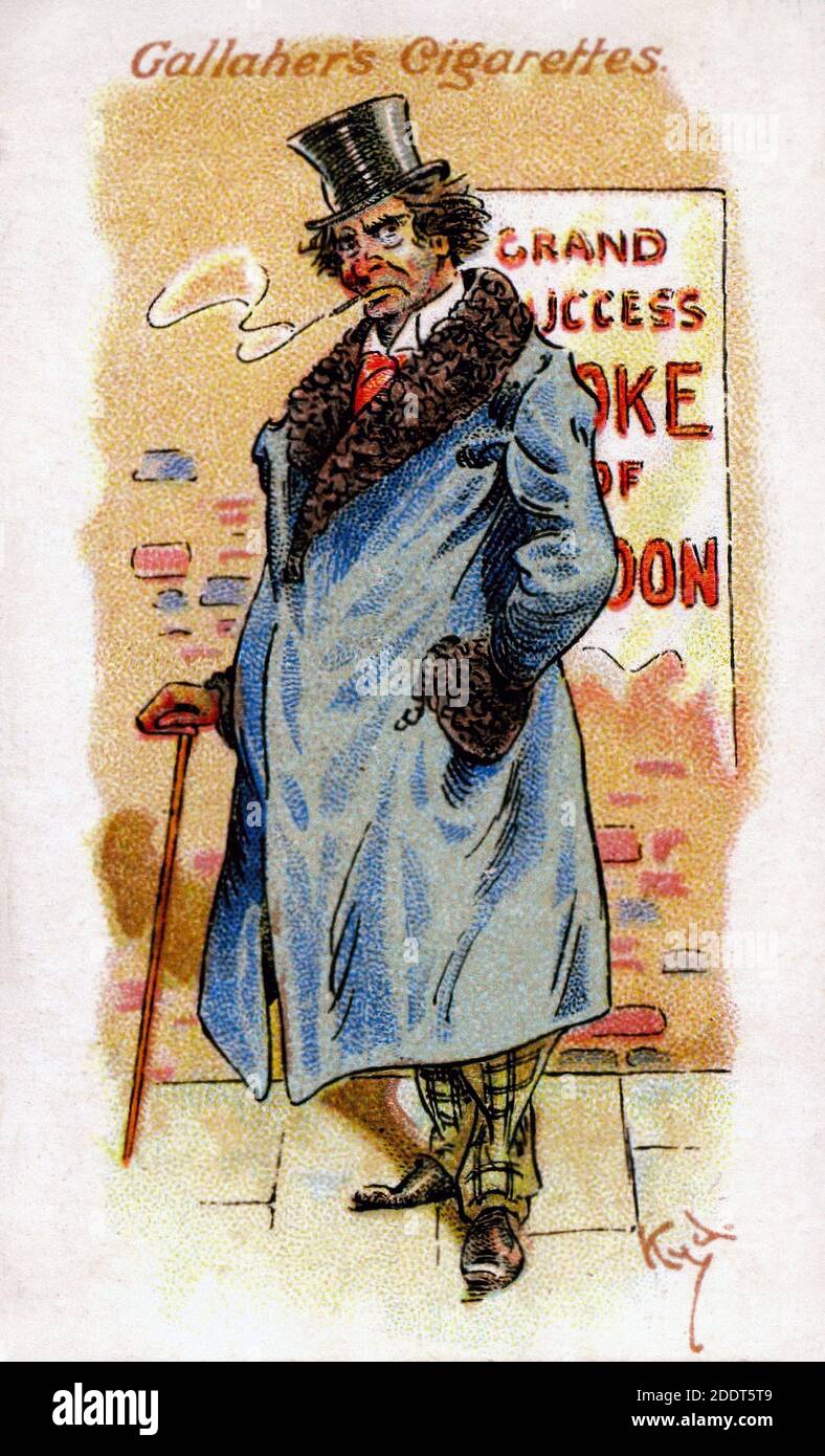 Antike Zigarettenkarten. Gallaher's Cigarettes (Serie von Votaries of the Weed). The Thespian (#12), England. Kunstwerk von 'Kyd' (Joseph Clayton Clark) Stockfoto