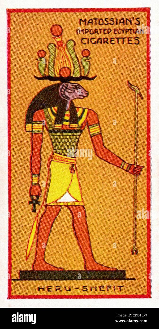 Antike Zigarettenkarten. Henly & Watkins Zigaretten (Serie Ancient Egyptian Gods). Heru-Shefit (Khnum). 1924 Khnum oder auch romanisierte Khnemu war einer Stockfoto