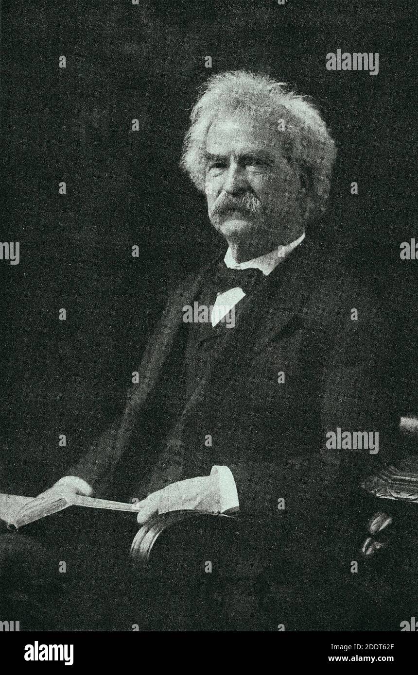 Retro-Foto von Mark Twain Samuel Langhorne Clemens (1835 – 1910), bekannt unter seinem Künstlernamen Mark Twain, war ein amerikanischer Schriftsteller, Humorist, Unternehmer, pu Stockfoto
