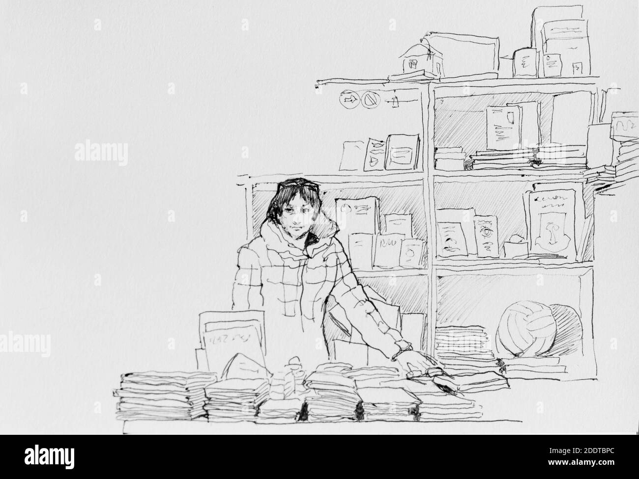 Verkäuferin im Outdoor-Buchladen mit Büchern Original Stift Illustration Radierung Skizze Stockfoto