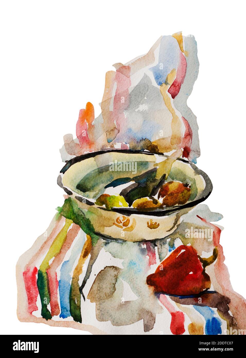 Aquarell Stillleben mit Auberginen, Zwiebel und rotem Paprika auf der gelben Schale auf gestreiftem blauem und rotem Geschirrtuch, Originalgemälde isoliert auf Weiß Stockfoto