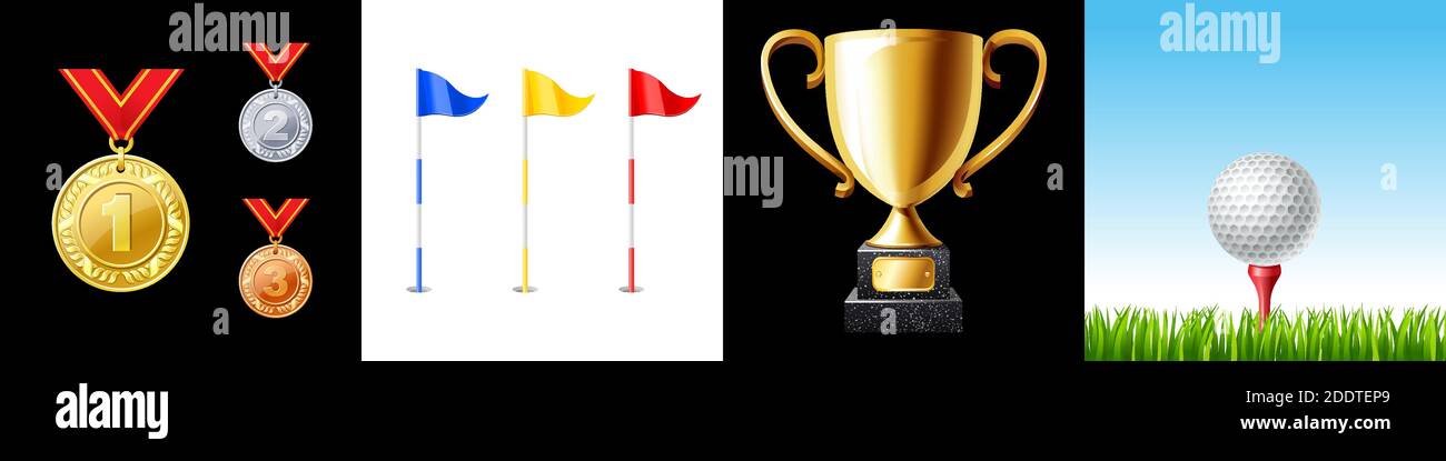Golf-Icon-Set. Flagge, Ball, Pokal und Medaille Stock Vektor
