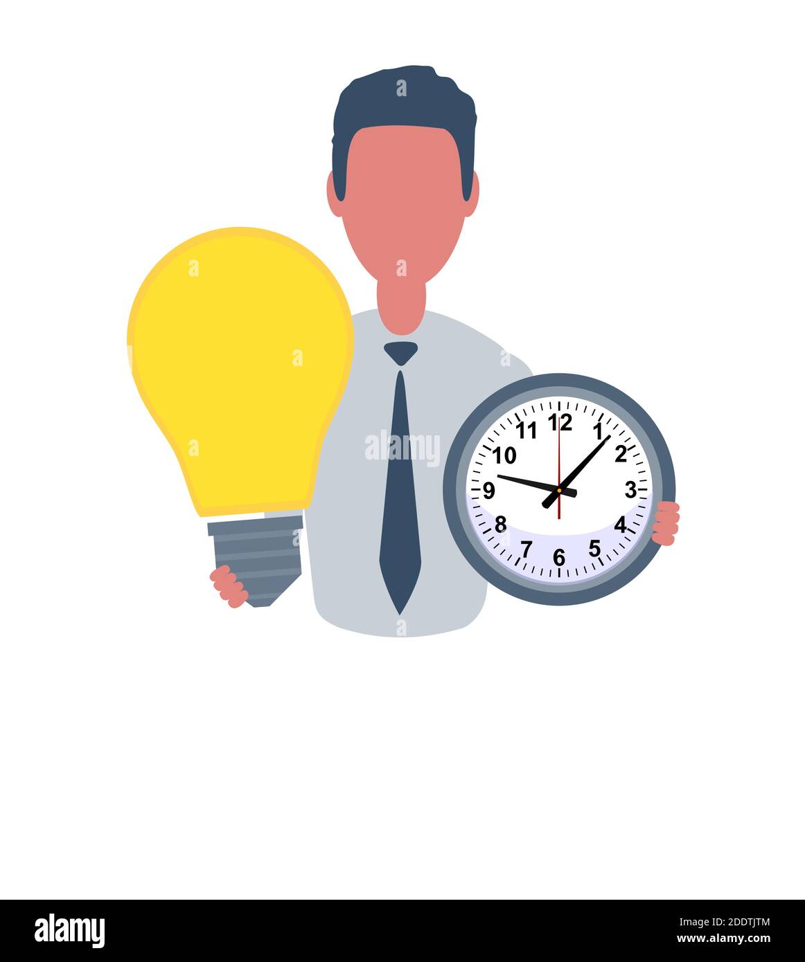 Geschäftsmann oder Angestellter mit einer Uhr und einer Glühbirne. Männlicher Charakter im einfachen Stil, flache Vektorgrafik. Geschäftskonzept. Isoliert auf Weiß Stock Vektor