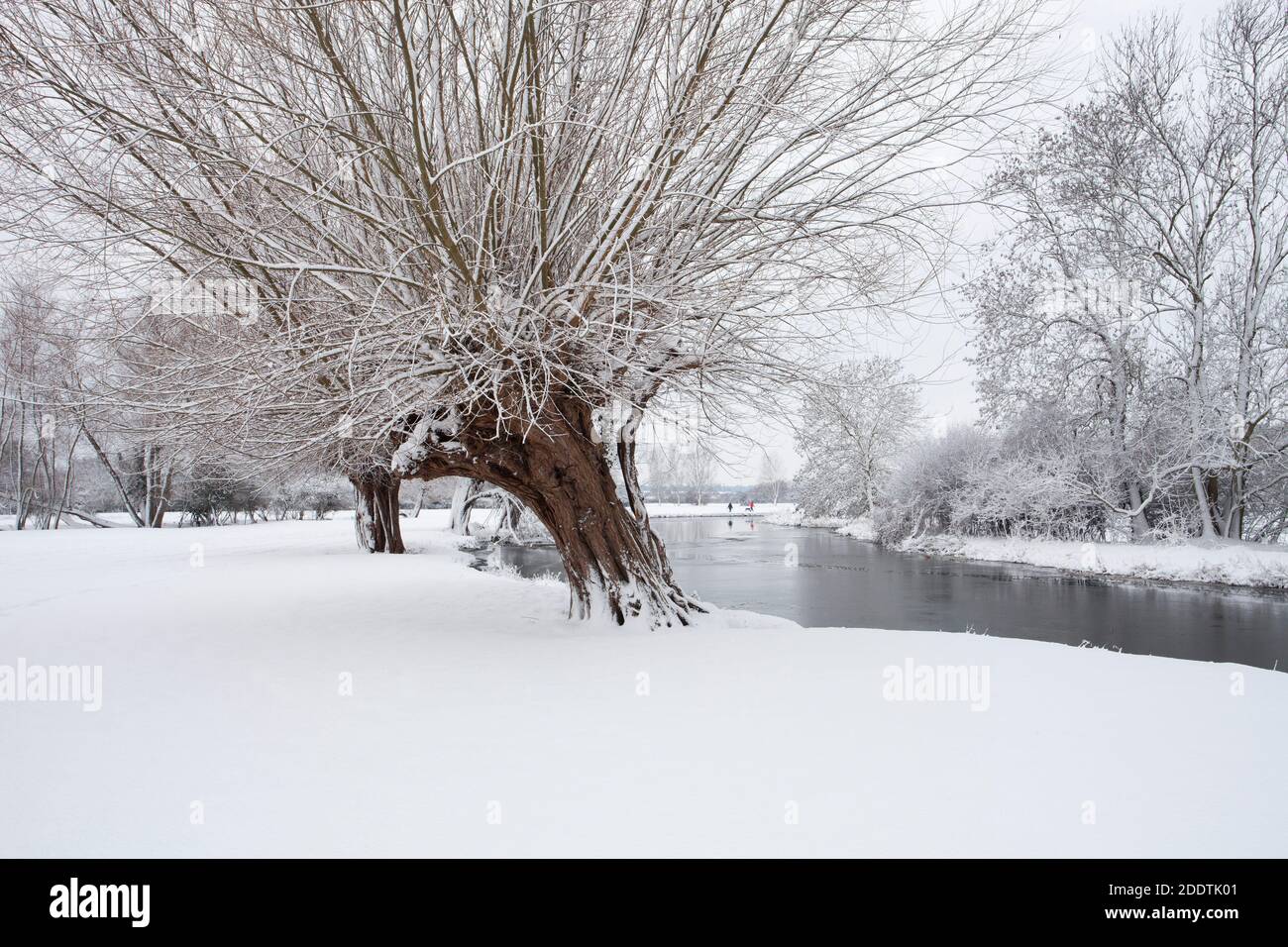 Eine unberührte Winterschneeszene auf dem Fluss Stour at Flatford in Suffolk Stockfoto