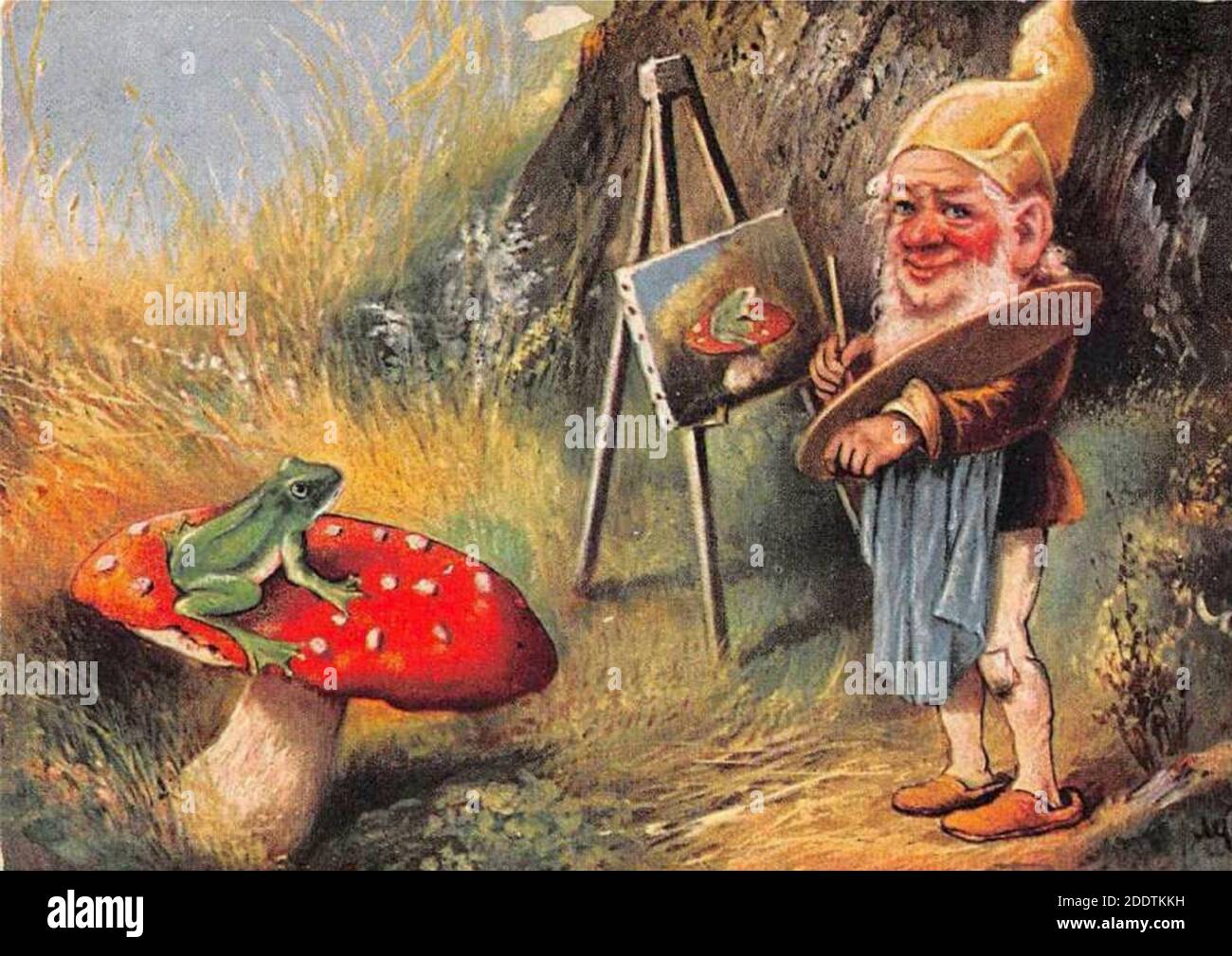 Schöne Vintage-Postkarte mit einem Gnome, der einen Frosch malt. Gemalt vom deutschen Künstler Alfred Schonian. Stockfoto