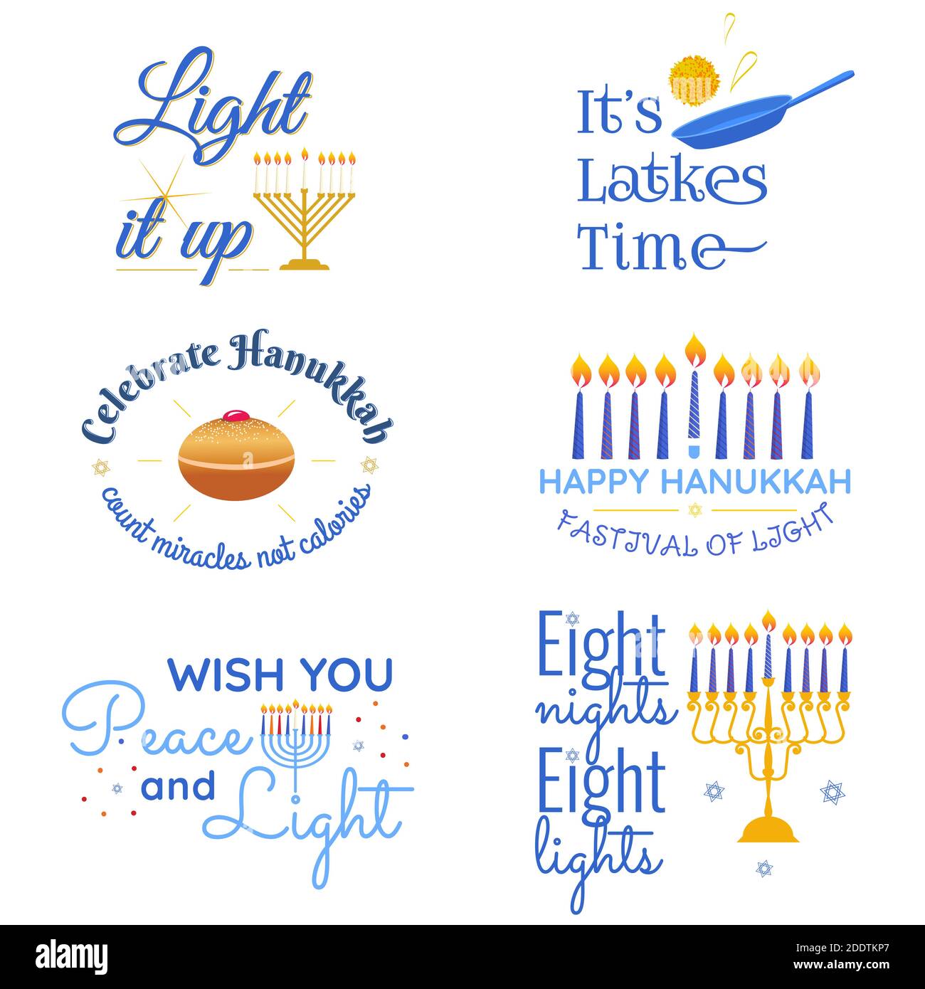 Hanukkah Vektor traditionelle jüdische Feiertag Phrasen Typografie Anführungszeichen gesetzt. Frohes Chanukka auf Hebräisch. Stock Vektor