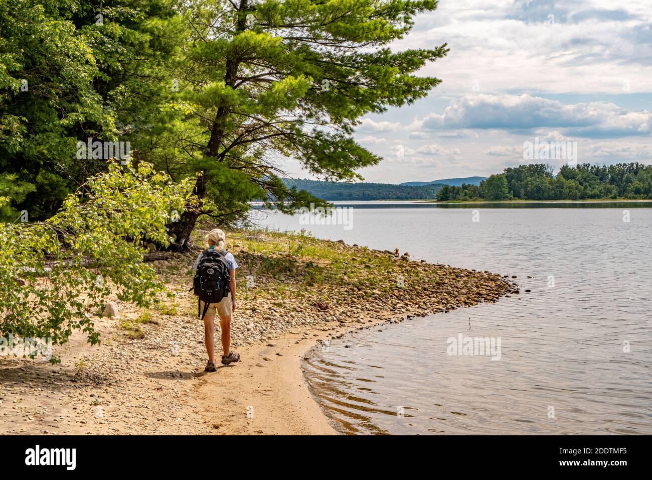 Eine Frau, die am Ufer des Quabbin Reservoir in New Salem, Massachusetts, wandert Stockfoto