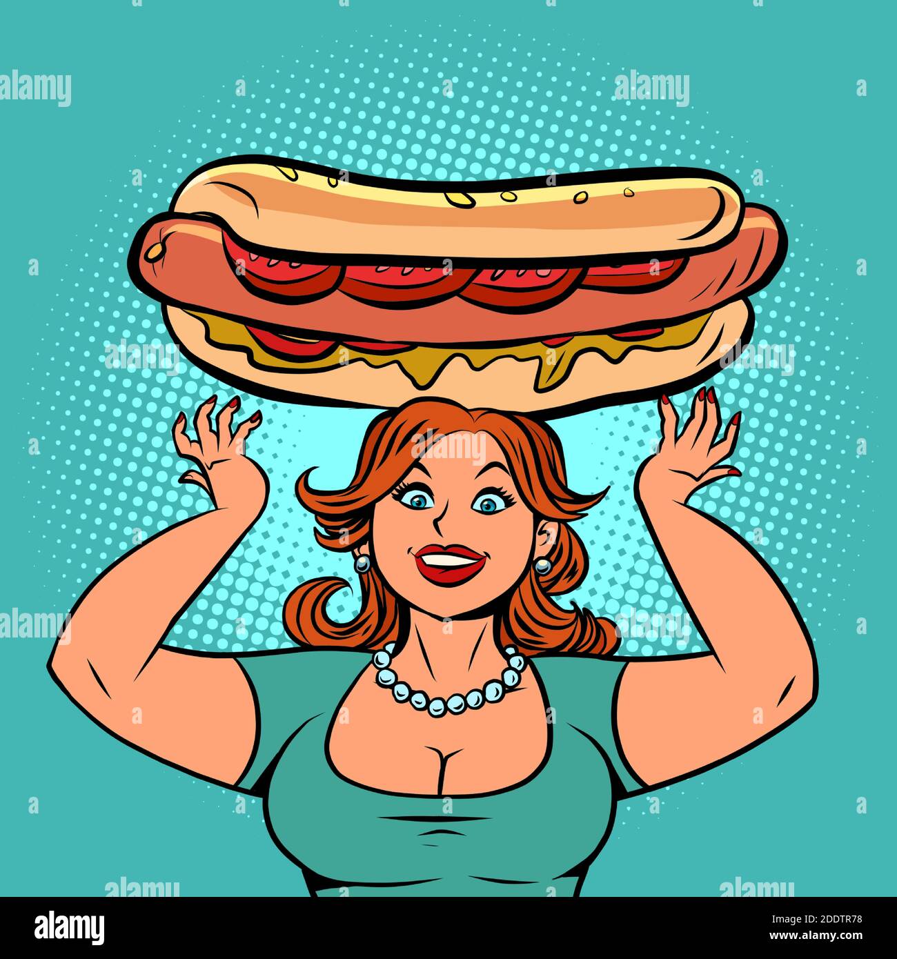 Lustige Frau mit einem großen Hot Dog Stock Vektor