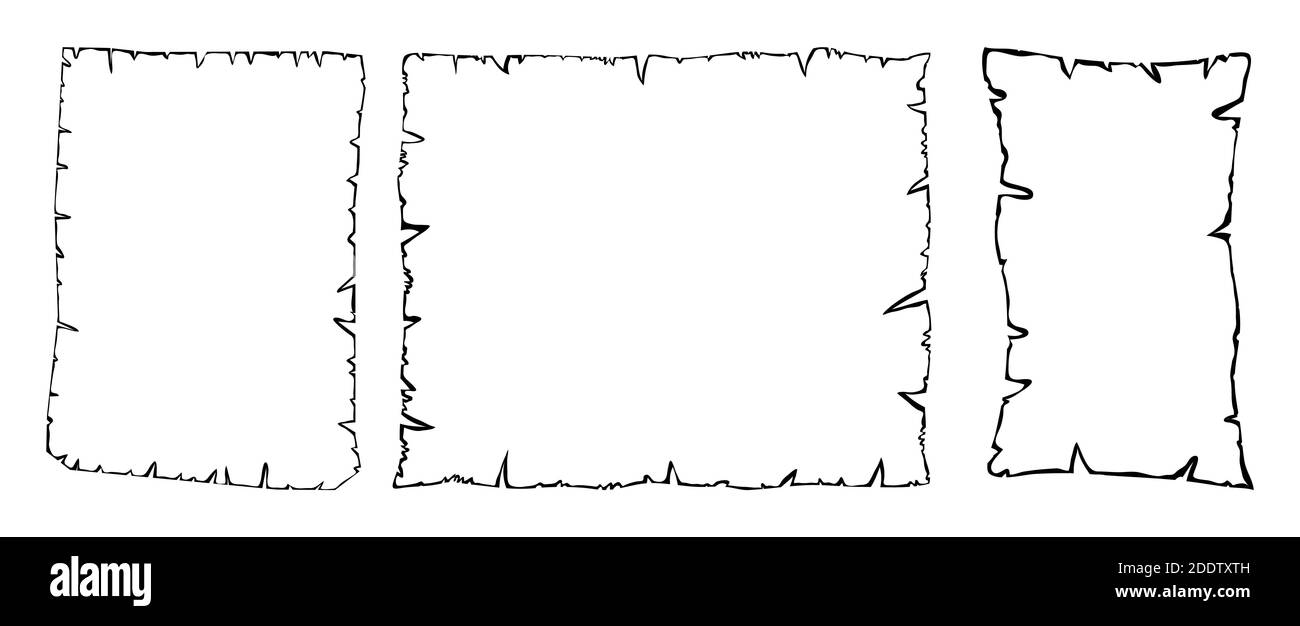 Pergament Umriss Vektor Sammlung, Satz von alten Papierblättern Kontur isoliert auf weißem Hintergrund. Abbildung leerer gerippter Seitenformen. Da Stock Vektor