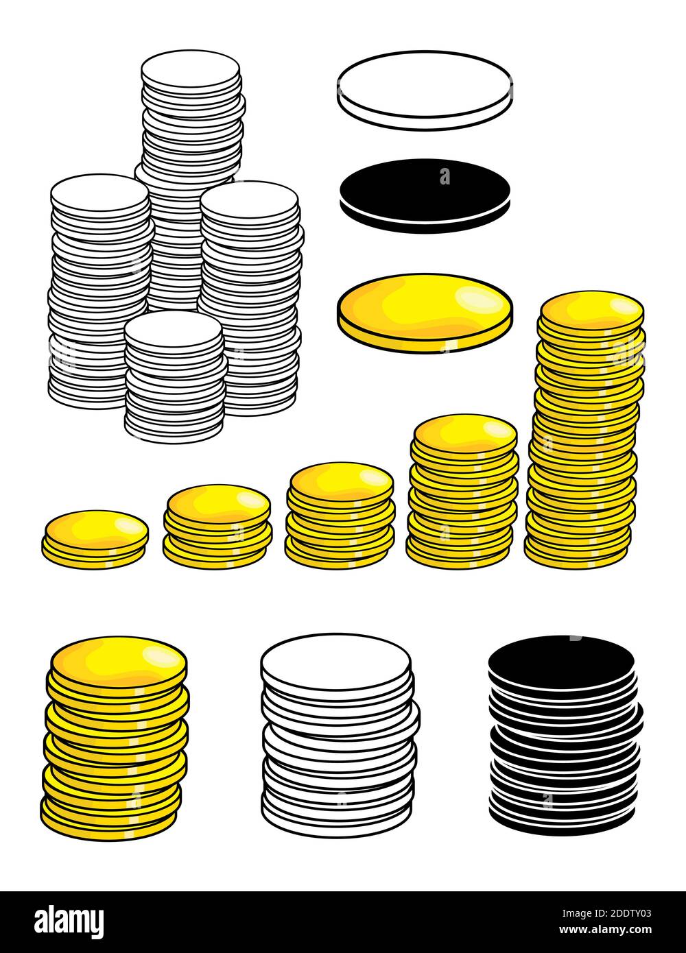Geldsatz. Goldmünzsymbol auf weißem Hintergrund isoliert. Sammlung von Cartoon Business Vektor-Symbol. Single, Stapel und Stapel Grafikdesign. Farbe, si Stock Vektor