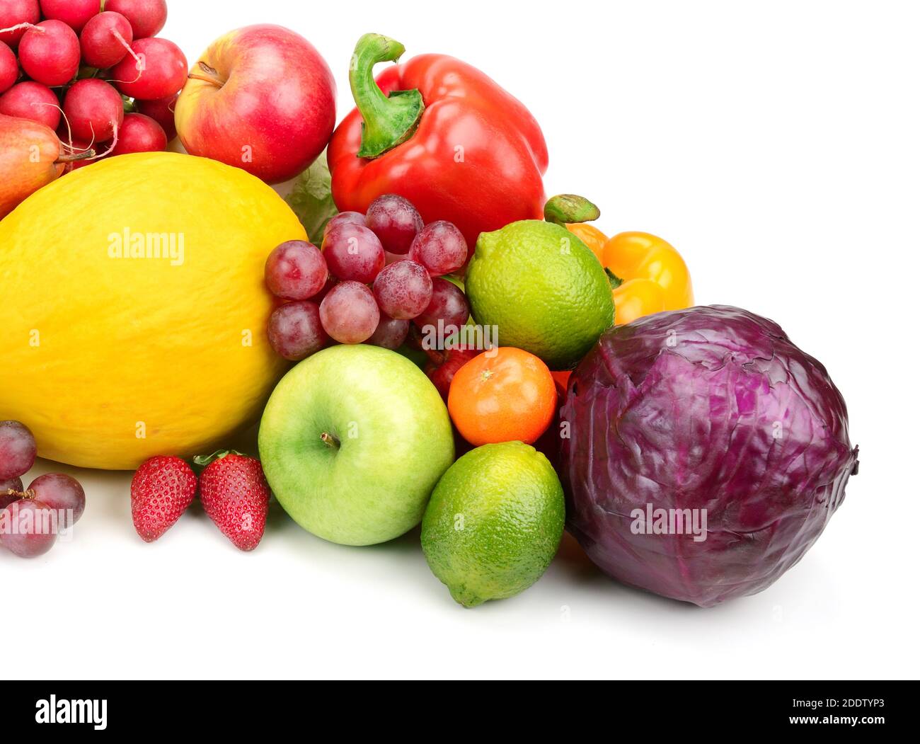 Zusammensetzung von Obst und Gemüse isoliert auf weißem Hintergrund Stockfoto